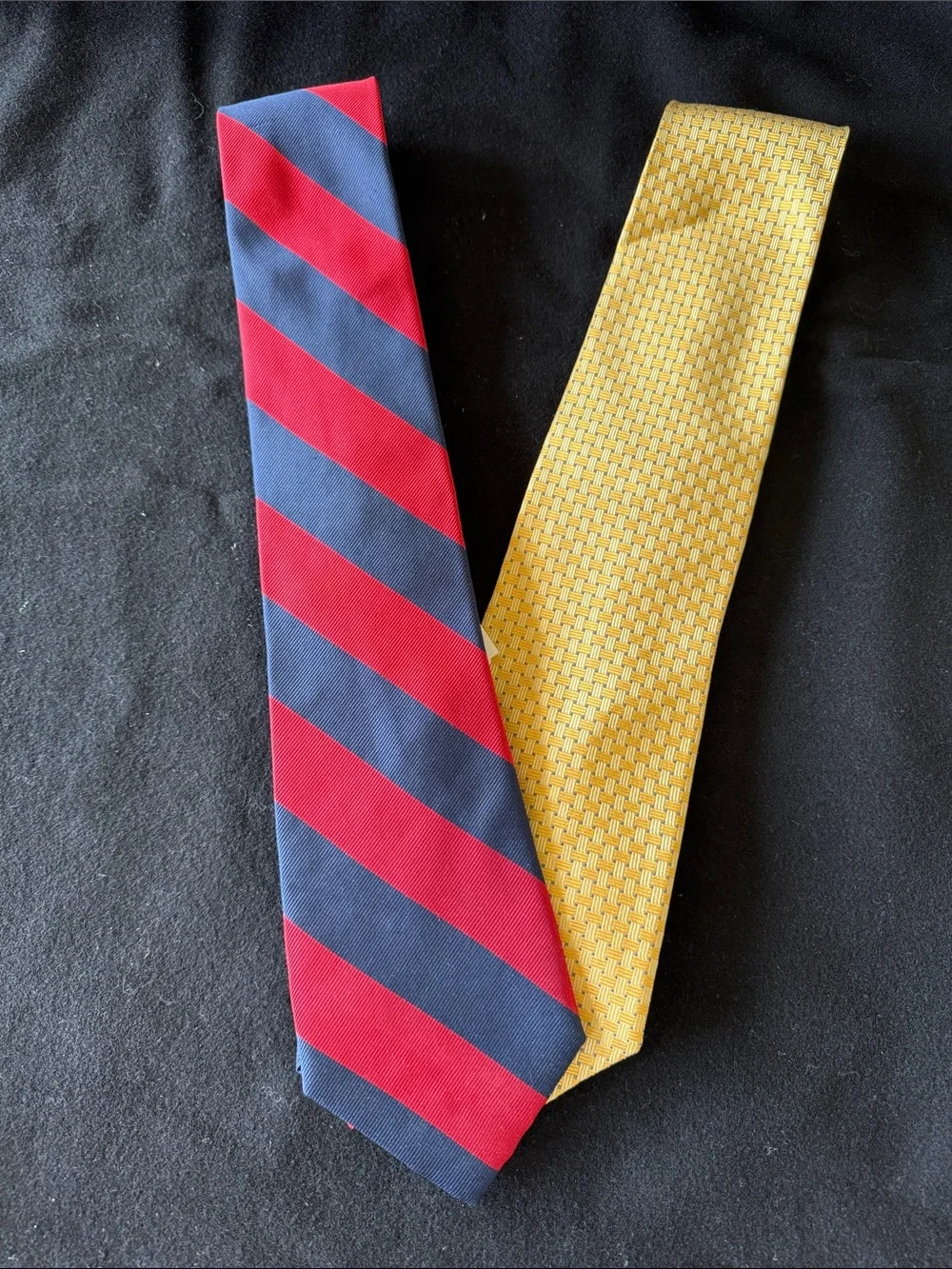 Roundtree & Yorke Navy and Red Striped Tie + Roundtree & Yorke Yellow Woven Tie